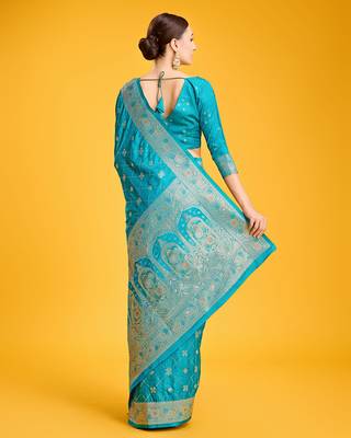 Cyan Color Banarasi Satin silk blend  Zari Woven Work Saree 3