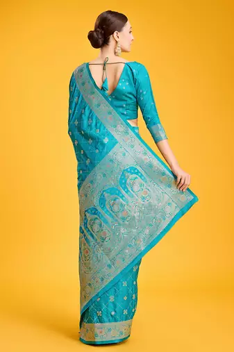 Cyan Color Banarasi Satin silk blend  Zari Woven Work Saree