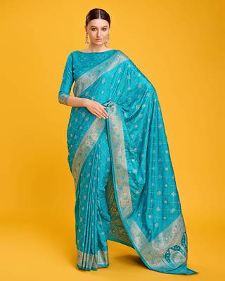 Cyan Color Banarasi Satin silk blend  Zari Woven Work Saree 4