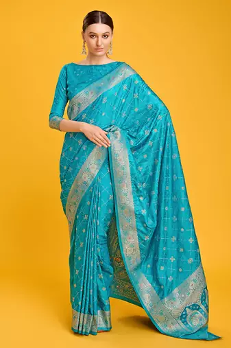 Cyan Color Banarasi Satin silk blend  Zari Woven Work Saree