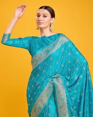 Cyan Color Banarasi Satin silk blend  Zari Woven Work Saree 5