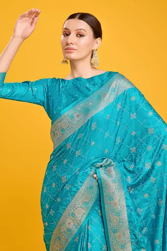 Cyan Color Banarasi Satin silk blend  Zari Woven Work Saree