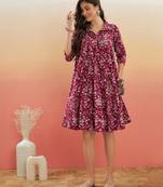 WINE CREAM FLORAL PRINT FLARED DRESS