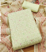 Green lucknowi work modal chanderi semi stitched dress with unstitched bottom