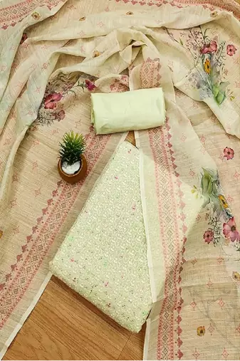 Green lucknowi work modal chanderi semi stitched dress with unstitched bottom