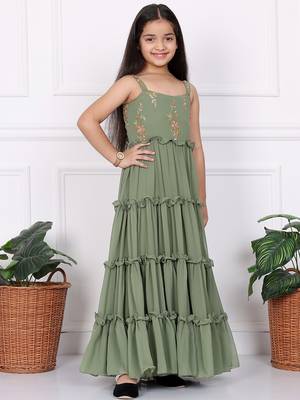 Ethnovog Ready To Wear Kids Girls Kid Girls Green Georgette Sequins Gown 5