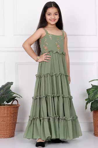 Ethnovog Ready To Wear Kids Girls Kid Girls Green Georgette Sequins Gown