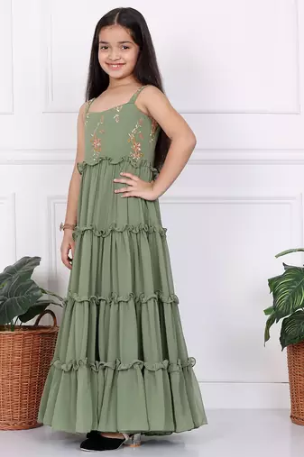 Ethnovog Ready To Wear Kids Girls Kid Girls Green Georgette Sequins Gown