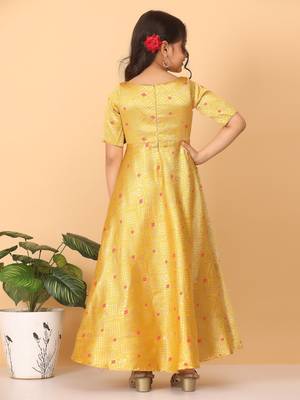 Ethnovog Ready To Wear Kids Girls Yellow Jacquard Art Silk Gown 2