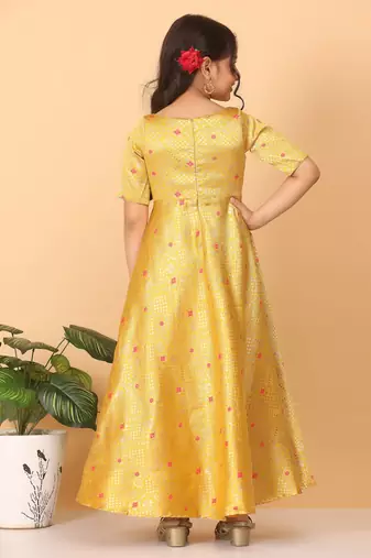 Ethnovog Ready To Wear Kids Girls Yellow Jacquard Art Silk Gown