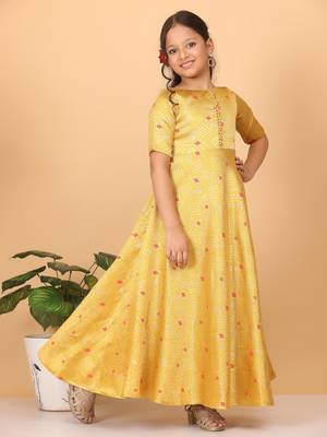 Ethnovog Ready To Wear Kids Girls Yellow Jacquard Art Silk Gown 3
