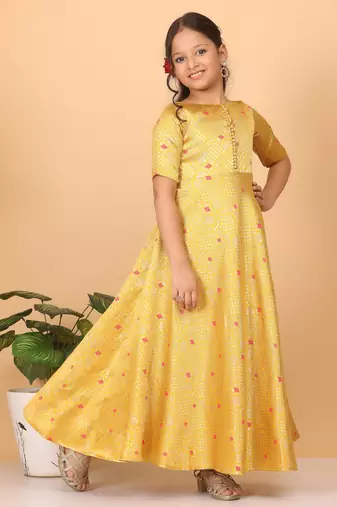 Ethnovog Ready To Wear Kids Girls Yellow Jacquard Art Silk Gown