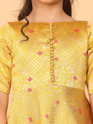 Ethnovog Ready To Wear Kids Girls Yellow Jacquard Art Silk Gown 4