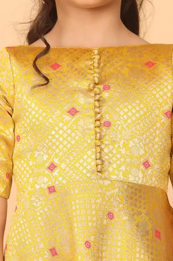 Ethnovog Ready To Wear Kids Girls Yellow Jacquard Art Silk Gown