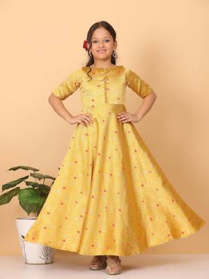 Ethnovog Ready To Wear Kids Girls Yellow Jacquard Art Silk Gown 5