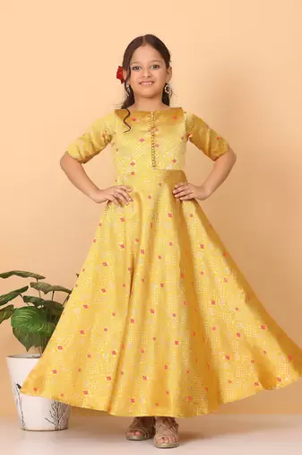 Ethnovog Ready To Wear Kids Girls Yellow Jacquard Art Silk Gown