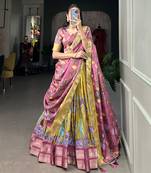 Yellow and Pink Silk Kalamkari Printed Lehenga