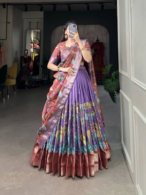 Lavender and Pink Silk Zari Woven and Multicolor Kalamkari Printed Lehenga Choli 1