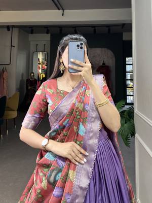 Lavender and Pink Silk Zari Woven and Multicolor Kalamkari Printed Lehenga Choli 3