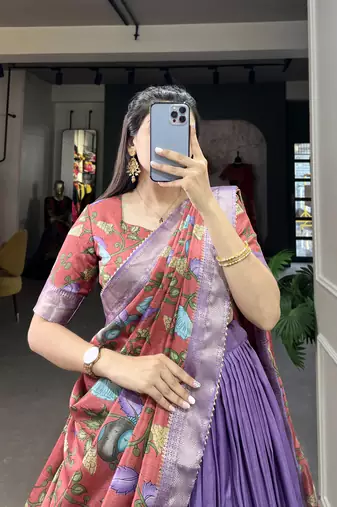Lavender and Pink Silk Zari Woven and Multicolor Kalamkari Printed Lehenga Choli