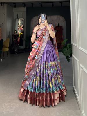 Lavender and Pink Silk Zari Woven and Multicolor Kalamkari Printed Lehenga Choli 4