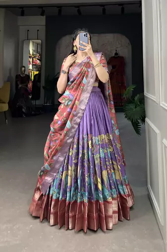 Lavender and Pink Silk Zari Woven and Multicolor Kalamkari Printed Lehenga Choli