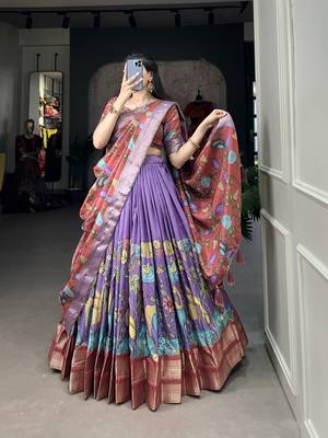 Lavender and Pink Silk Zari Woven and Multicolor Kalamkari Printed Lehenga Choli 5