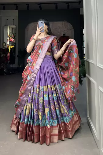 Lavender and Pink Silk Zari Woven and Multicolor Kalamkari Printed Lehenga Choli
