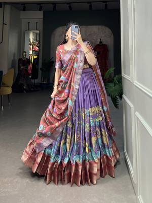 Lavender and Pink Silk Zari Woven and Multicolor Kalamkari Printed Lehenga Choli 6