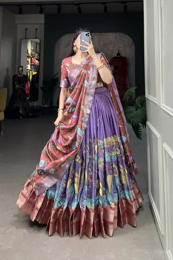 Lavender and Pink Silk Zari Woven and Multicolor Kalamkari Printed Lehenga Choli