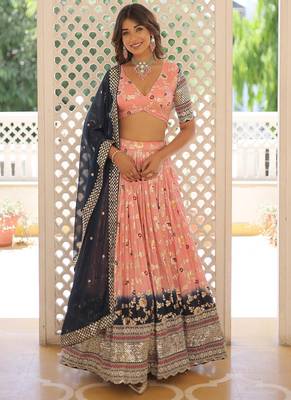 Light Peach Viscose Jacquard Embroidered Sequins lehenga Choli 1