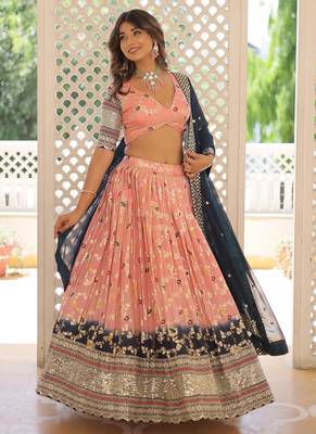 Light Peach Viscose Jacquard Embroidered Sequins lehenga Choli 4