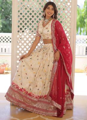 Off White Viscose Jacquard Embroidered Sequins lehenga Choli 4