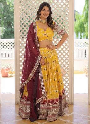 Yellow Viscose Jacquard Embroidered Sequins lehenga Choli 1