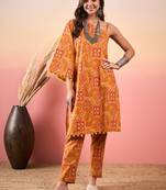 Mustard orange printed oneshoulder strapp kurta set