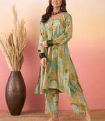 Pear green window print v neck kurta pant set