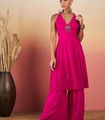 Fuschia lace work backless kurta sharara set