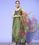 Green zig zag strappy set with olive pink floral organza dupatta