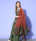 Green zig zag strappy set with red green printed dupatta