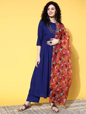 Ink blue long anarkali kurta set with red rose organza dupatta 1