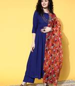 Ink blue long anarkali kurta set with red rose organza dupatta