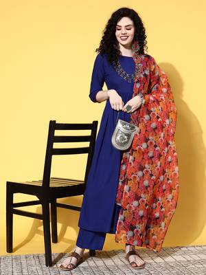Ink blue long anarkali kurta set with red rose organza dupatta 2