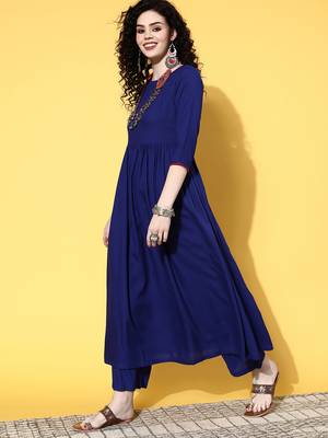 Ink blue long anarkali kurta set with red rose organza dupatta 4