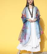 Strappy set in white with blue  fuschia floral organza dupatta