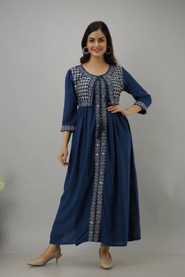 Ftdiva women's rayon nyra cut jacketed kurta in blue 1