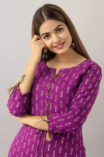 women's rayon printed straight kurta in purple