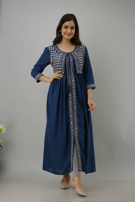 Ftdiva women's rayon nyra cut jacketed kurta in blue 2