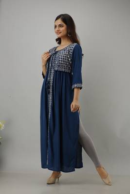 Ftdiva women's rayon nyra cut jacketed kurta in blue 4