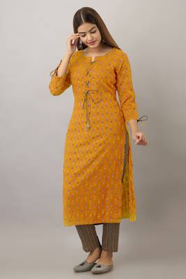 women's rayon printed straight kurta in mustard 1