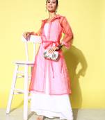 Cream strappy kurta set with pink organza cape